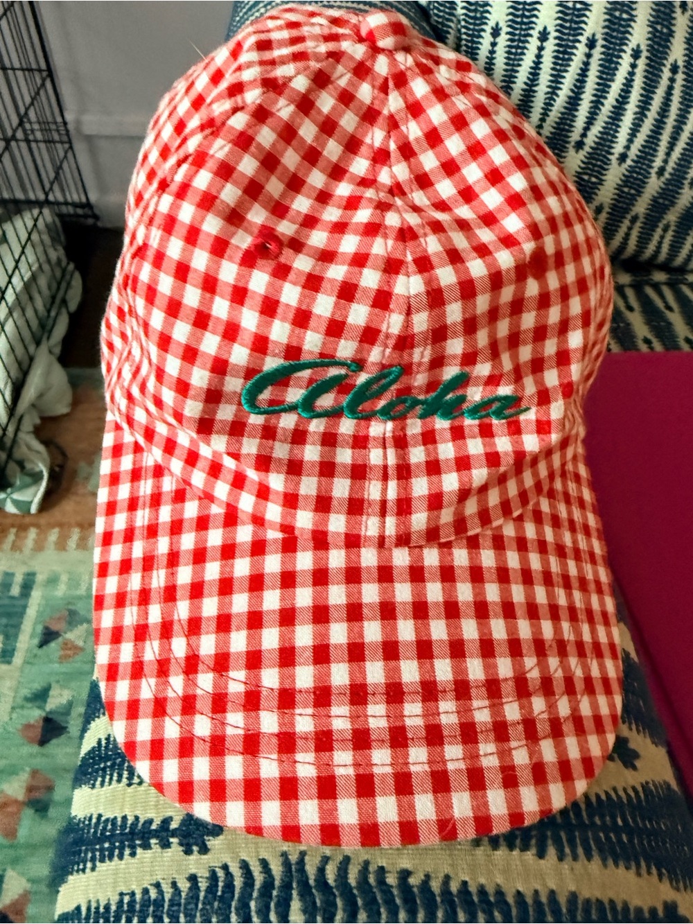 Red Gingham Cap with Green Embroidered "Aloha"